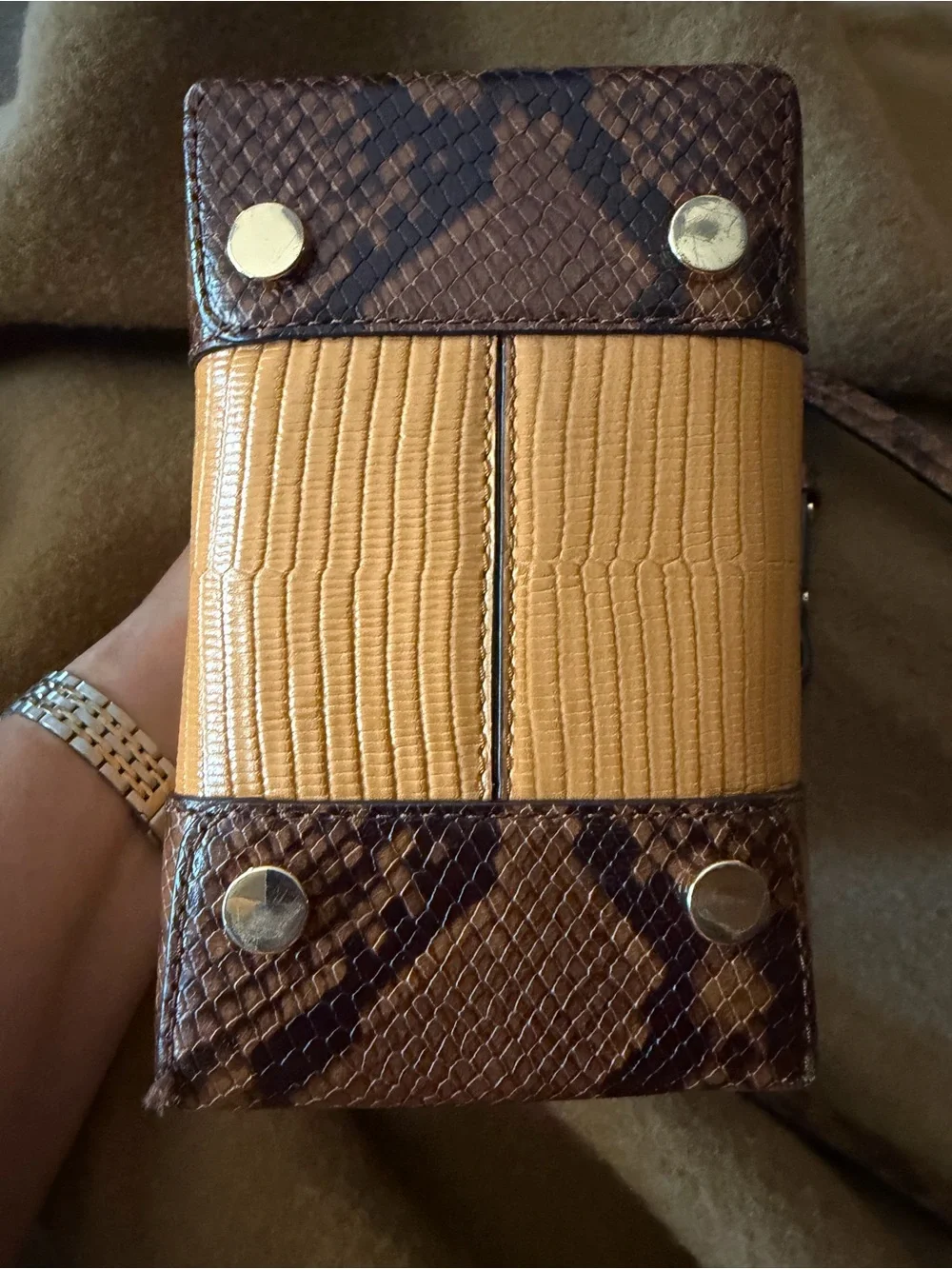 Michael Kors Tan, Cream & Brown Snake Print Mini Bucket Crossbody w/ Top Handle